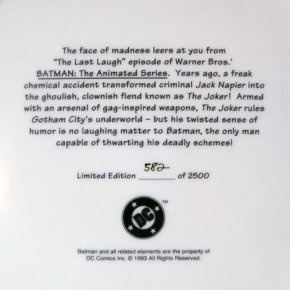 VINTAGE NEW (LE #49) DC COMICS WARNER BROS BATMAN JOKER COLLECTIBLE PLATE - Picture 3 of 4
